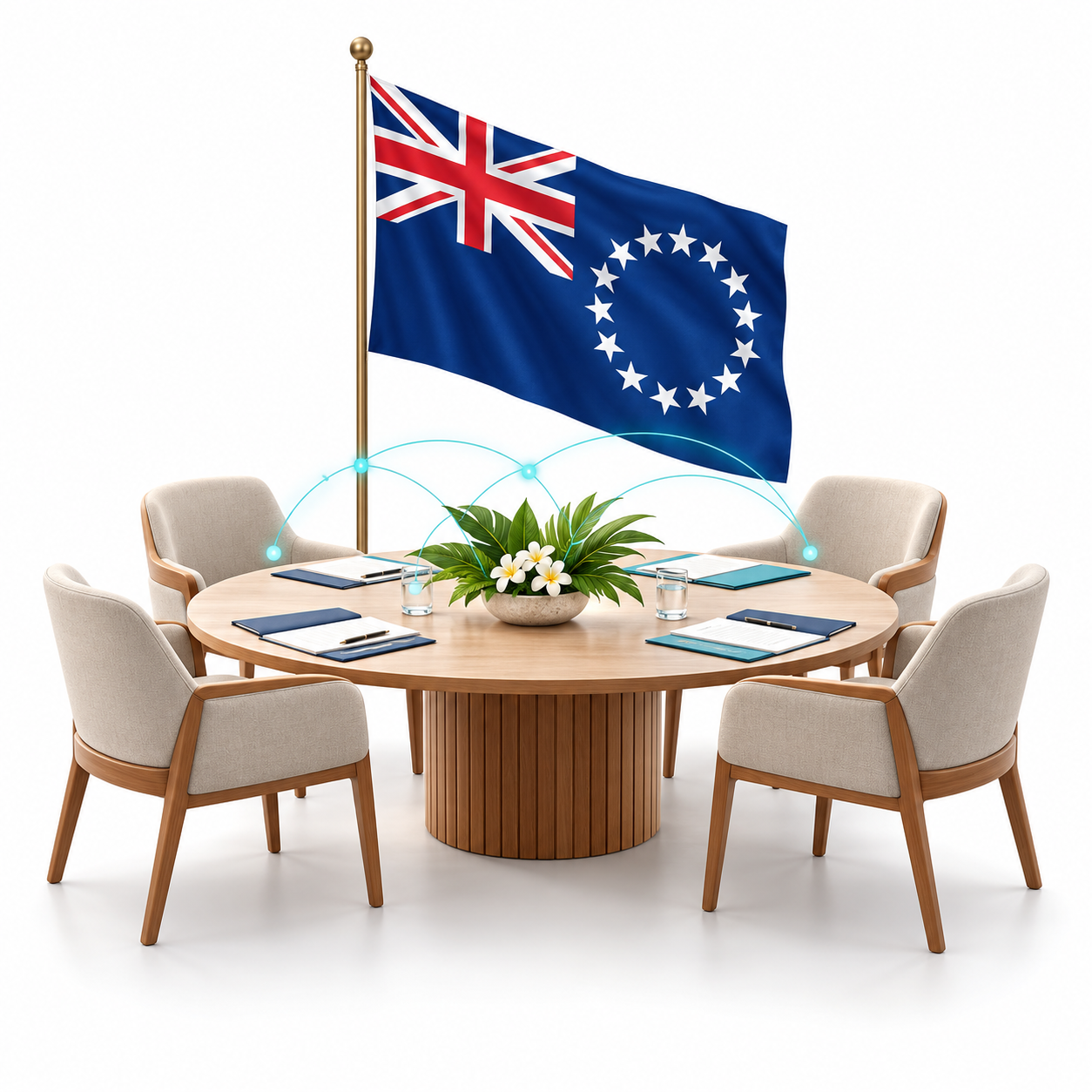 Meeting table under the Cook Islands flag representing interagency cooperation
